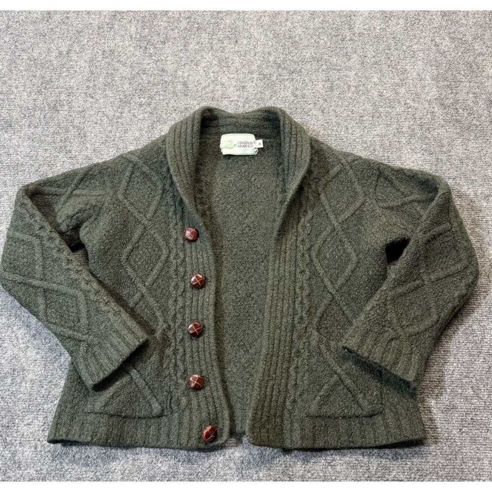 Original Aran Co Kids M Merino Wool Cardigan Cable Knit Olive Green Aran Sweater